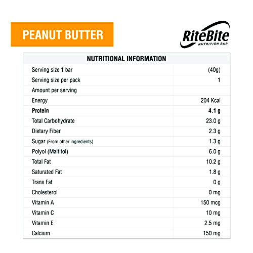 Image of RiteBite Max Protein 4g Protein Bar, Peanut Butter | With Dark Chocolate | 0 Added Sugar, No Cholesterol & Trans Fat Snack Bar, 40g (Pack of 12)