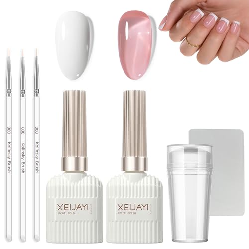 French Manicure Kit - Jelly Pink White Gel Nail Polish Set - Jelly Gel Kit for French Tip Manicure with 3Pcs Nail Art Pen and Nail Stamper - Long Lasting UV Polish for Manicure Tip Nail Salon