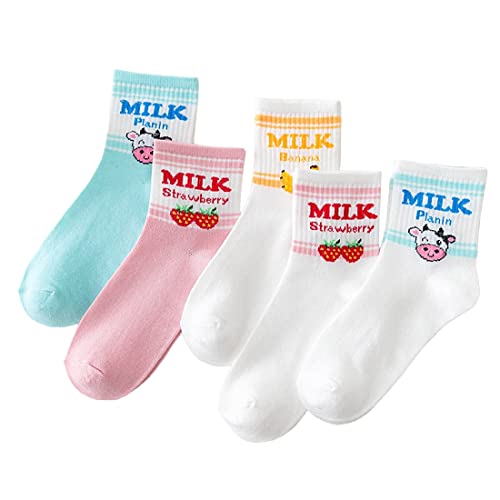 Klasified - Unisex 5 Pairs Cute Cozy Milk Shake Banana Strawberry Comfortable Women's Socks