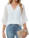Blooming Jelly Womens 3/4 Length Sleeve Tops Bell Dressy Casual Business Blouses Work V Neck Shirts (XXL, White)