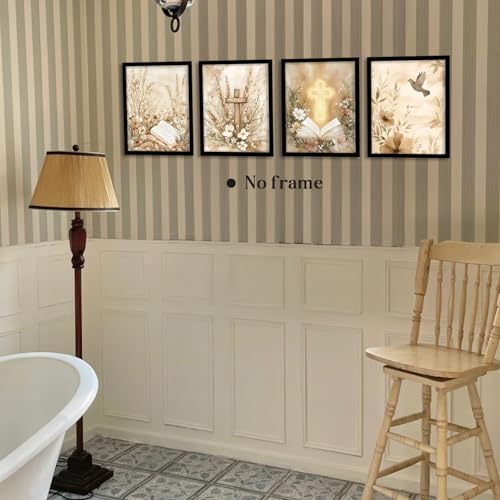 Image of WEFKODO Vintage Christian Bookish Decor Wall Art, Retro Bible Christian Pictures Wall Decor for Home Bathroom Reading Room Church Bedroom, Jesus Art Posters Prints 4Pcs, 8x10 Unframed