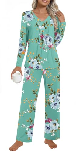 Anyhold Womens Fall Pajama Sets 2 Piece Long Sleeve Pjs, Ladies Sleepwear Pleated Outfits Lounge Set with Pockets Large, Mint Green
