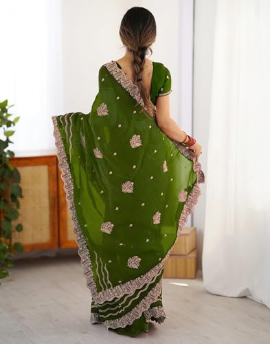 Image of SIRIL Women's Chiffon Scalloped Border Sequins Embroidery Saree with Unstitched Blouse Piece