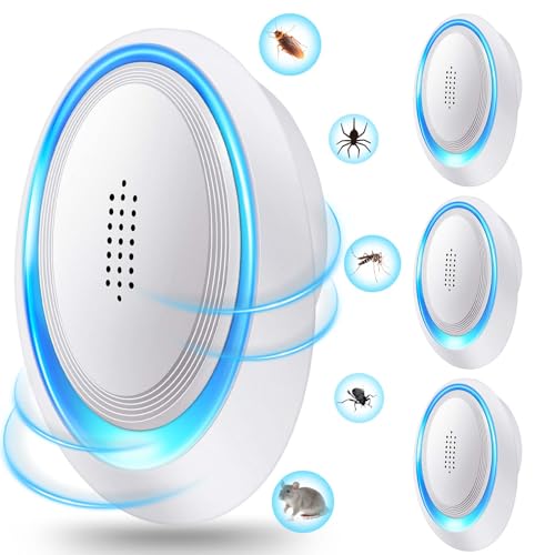 Paquete de 4 repelentes ultrasónicos de plagas, repelente de ratones, repelente de insectos, eficaz control de plagas en interiores, para ratones, arañas, cucarachas, moscas, etc. Seguro para humanos