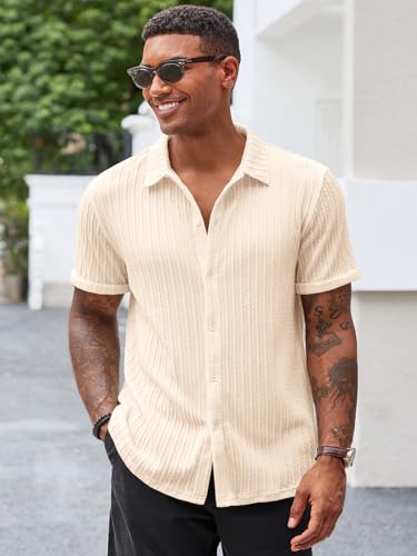 Runcati Men's Casual Button Down Shirts Short Sleeve Textured Shirt Summer Beach Tops2