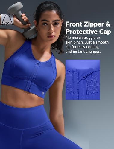 Image of Yvette Women's Sports Bra Front Zipper High Impact Support Mesh Racerback | Plus Size Friendly,Sewn-in Pads Stay Put,Wirefree & Supportive,Breathable,Secure Zip Closure,For Large Bust,Running,Gym,HIIT