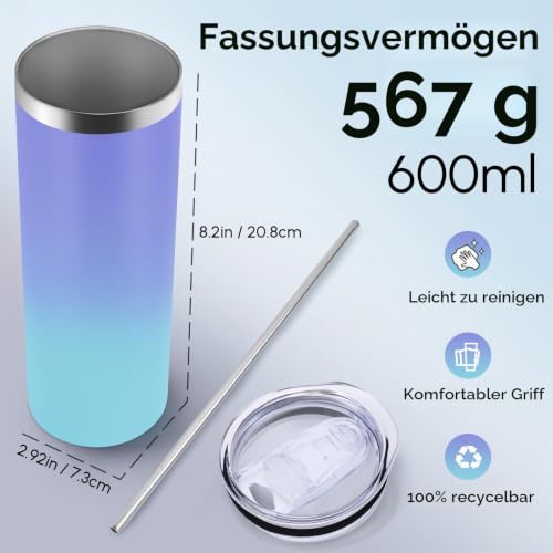 Volhoply 600 ml schlanker Thermobecher mit Deckel und Strohhalm, gerader Edelstahlbecher, vakuumisoliierter Kaffeebecher für Zuhause… – Ansicht 2