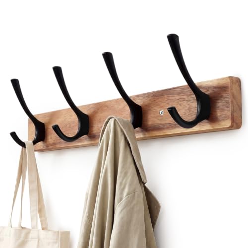 Coat Rack Wall Mount,Acacia Wood Coat Hooks Wall Mount,15″ Wall Coat Rack with Heavy Duty 4-Double-Hooks,Hat Rack Wall Coat Hanger for Towel/Dog’s Leashes/Coat/Bag