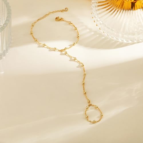 Hand Chain Bracelet for Women Trendy, Gold Beaded Ring Hand Chain Dainty 14K Gold Plated Cross Hand Chains Cubic Zirconia Finger Bracelet for Women Simple Body Jewelry3