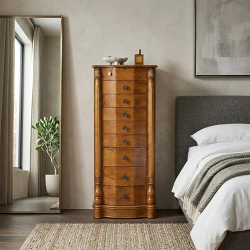 Hives and Honey Henry Locking Jewelry Armoire with Charging Port – 8 Drawer Anti-Tarnish Organizer with Mirror, Ring Rolls, Necklace Hooks & Side Doors – Walnut