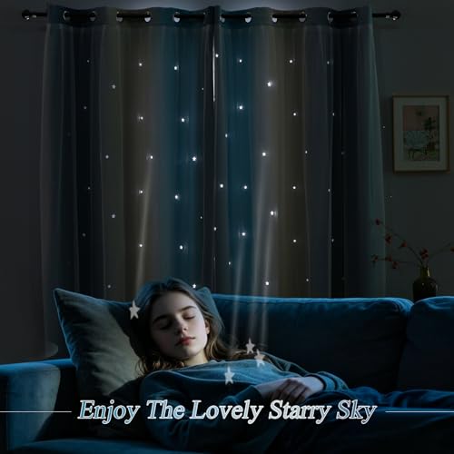 Image of indistar Dreamy Star Cutout Blackout Curtains with White Sheer,Double Layer Curtains for Girls Bedroom, Hollow Out Drapes for Nursery (2 Panel,52Wx72L,Pastel Blue)