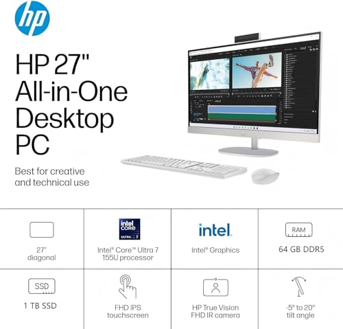 Image of HP All in One Desktop Computer Touchscreen, Intel Ultra 7-155U(Up to 4.8 GHz), 27 inch FHD IPS Touchscreen, 64 GB DDR5, 1 TB SSD, Adjustable Angle, Wi-Fi 6, Ethernet, Windows 11 Pro, W /Accessories
