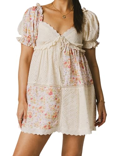 Image of Women Y2k Puff Sleeve Babydoll Dresses Square Neck Tie Back Mini Dress Summer Solid Off Shoulder Flowy Sundress
