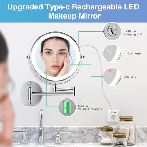 20X/1X Wall Mounted Lighted Makeup Mirror with Light, 8.5'' Double Sided Rechargeable Magnifying Bathroom Mirror, 3 Color Lights Touch Dimmable Extended Arm 360 Rotation Light up Magnification Mirrors by GREENFROM - Image 3
