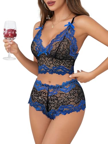 Image of Lilosy Sexy Lingerie for Women Lace Pajamas Set Cami Bra and Panty High Waist Sheer Sleepwear 2 Piece 2XS-6XL