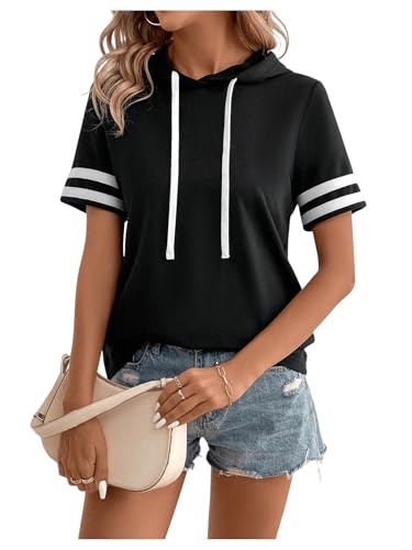 Milumia Women Color Block Workout Short Sleeve Hoodie Top Athletic Active Hooded Pullover T Shirt Tops4