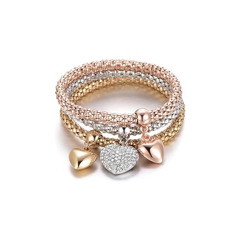 SILANER Crystal Charms Multilayer Bracelets - 3PCS Gold/Silver/Rose Gold Corn Chain Bracelet for Women, Tree of Life Heart Shaped Stretch Bracelet(Solid Hearts Charm)
