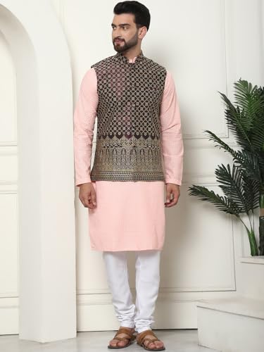 Image of SOJANYA (Since 1958 Men's Cotton Linen Maroon Kurta and White Pyjama with Mustard Cotton Nehru Jacket