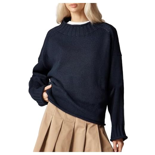 SeeLuNa Oversized Sweaters for Women Roll High Neck Hem Long Sleeve Soft Chunky Cable Knit Striped Pullover Tops Outerwear(Navy,L)