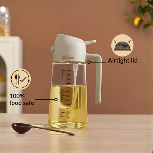 Image of Nestasia 2 in 1 Oil Sprayer & Dispenser Glass Bottle for Kitchen (470ml) - Vinegar & Olive Oil Bottle with Measuring Spoon for Healthy Cooking, Salad Dressing, Air Fryer, BBQ & Grilling (Beige)