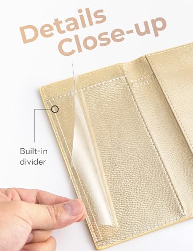 Image of Yarnic Checkbook Cover for Personal Checkbook, Checkbook Holder with Pen Holder & Built-in Clear Plastic Divider for Duplicate Checks (Gold)