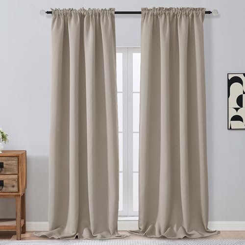 Image of Extra Long 10 FT Blackout Curtains for Patio 120 Inches Long 2 Panels Set, Solid Thermal Insulated Energy Saving Rod Pocket Window Treatment Curtains Blackout Drapes, W50xL120, Stone