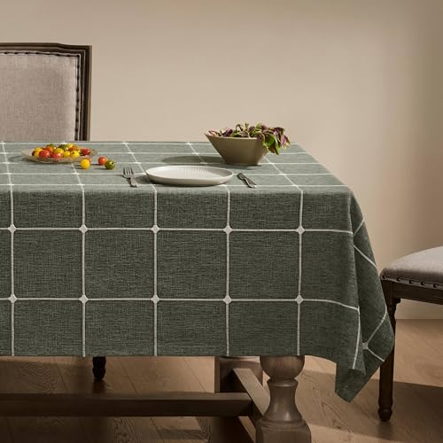 ZeeMart Grid Embroidered Hemmed Tablecloths, Olive 60x120 Inch, Farmhouse Style Heavy Weight Cotton Linen Olive Green Tablecloths, Boho Plaid Water Resistant Rectangle Table Cloth by ZeeMart - Used condition - US$21.67