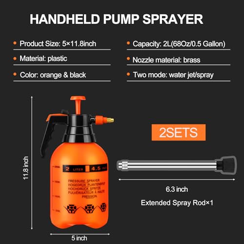 Acellegic 2 Set Handheld Pump Sprayers 0.5 Gallon Water Spray Bottles 2l Garden Plant Pump Sprayers with Adjustable Steel Nozzle Extended Rod for Plant Mist Watering Cleaning Spraying Fertilizing by Acellegic - Used condition - Image 2
