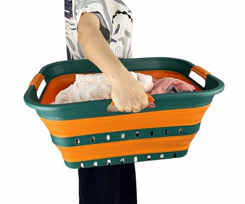 Image of SAMMART 42L (11 gallons) Set of 2 Plastic Foldable Storage Basket /Container - Collapsible, Space Saving and Portable Laundry Hamper, Ideal for Home, Travel, Dorm (2, Teal Green /Autumn leaf)