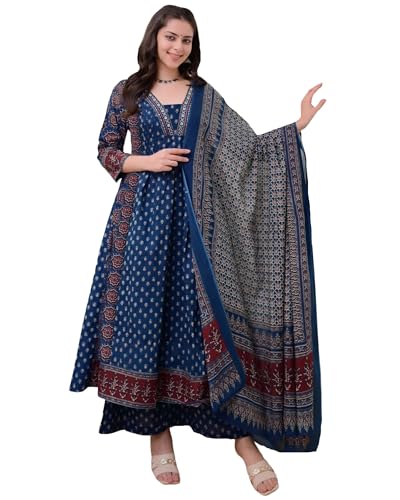 Image of ANNI Designer Women's Pure Cotton Anarkali Kurta Set for Women with Dupatta & Plazzo - Hand Block Print Suit Set | Stylish Dress | Cotton Kurta Set for Women