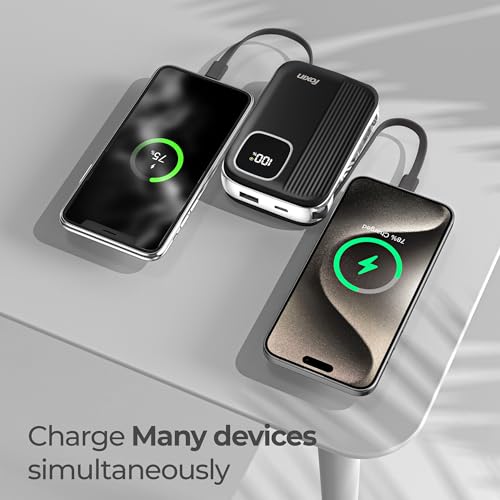 Image of Foxin ChargeX 20 Pocket Power Bank 20000mAh 22.5W Super Fast Charging | Type C & 8 Pin Dual Output Ports| Type C & USB Input & Output |Supports Android, Apple, Tablets | Built-in-Cable | Black