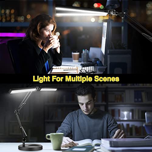 2-in-1 LED Double Head Desk Lamps for Home Office,24W Brightest Workbench Light,Eye-care Architect Desk Lamp with Clamp Base,3 Colors 10 Dimming Swing Arm Computer Desktop Light for Reading/Study