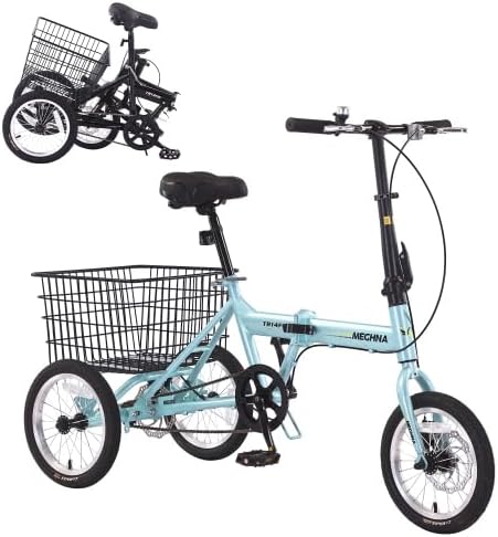 Folding Tricycle for Adults, 14 Inch 3 Wheel Bikes for Adults with Basket, 95% Pre-Assembled Collapsible Steel Frame 200 LBS Capacity