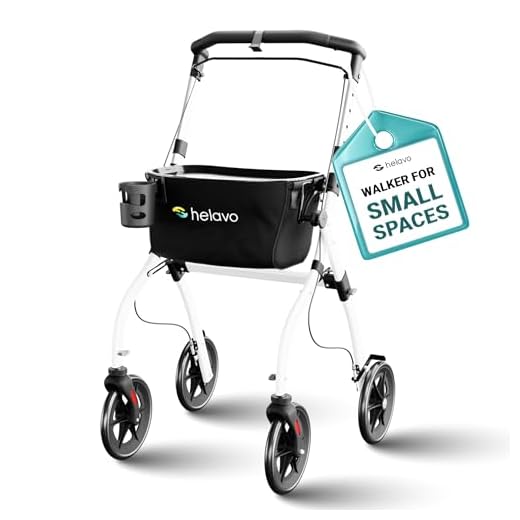 Helavo Elderly Walker - Ultralight Folding 4 Wheel Walker for Home - Rollator with Narrow Indoor Tray, Brakes & Basket