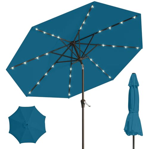 Image of 9' Solar LED Patio Umbrella with Tilt & Crank|8 Sturdy Ribs,UV Protection,Outdoor Market Table Umbrella for Deck,Lawn,Pool,Backyard(Lake Blue)