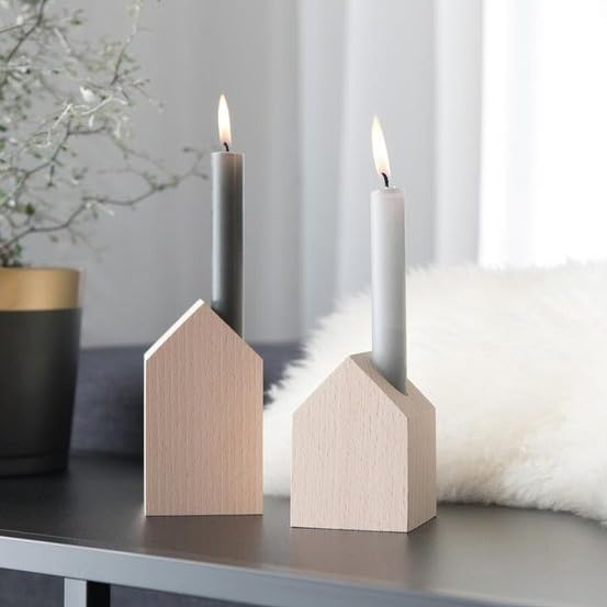 Peelorange Decorative Wooden House Candle Holder Set of 2 | Farmhouse Style Candle Holders | Table Centerpiece, Mantle & Fireplace Decor | Rustic Wooden Candle Stand for Home Décor