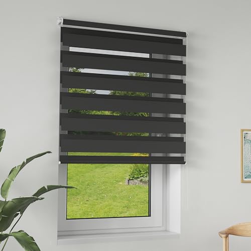 LILIIN Doppelrollo klemmfix ohne Bohren, Duo Rollo Blickdicht Zebrarollo Rollos für Fenster & Tür, Rollo Klemmrollos für Wohnzimmer Küche Büro lichtdurchlässig und Verdunkelnd, Schwarz, 80x220cm