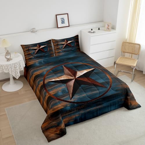 Image of Rustic Texas Star Comforter Western Texas Comforter Set for Boys Girls Navy Blue Wood Boards Bedding Set Country Farmhouse Duvet Set Room Decor Quilt Full Size Boys