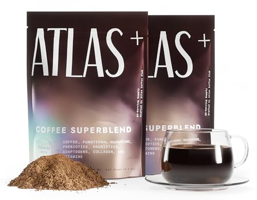 Atlas+ Mushroom Coffee Superblend Premium Coffee with Collagen Probiotics D3 & B12 Lions Mane Reishi Cordyceps for Energy Focus Immunity & Gut Health 56 Servings (2 Bags)