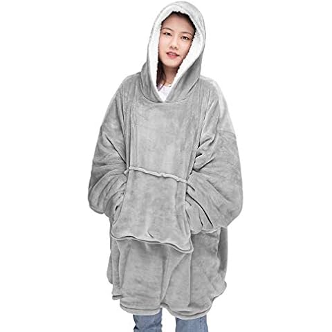 Oversize Teddy Sherpa Cuddly Cosy Sweatshirt Hoodie Double Layer Thermal Giant Blanket with Front Pocket Adults Teens Mens Womens (Silver Grey) Cover
