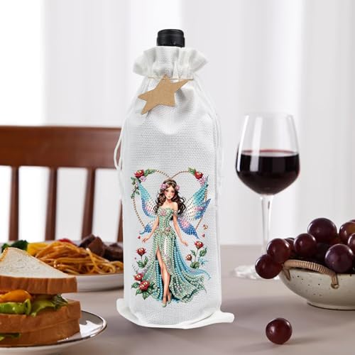 Image of DIY 5D Diamond Painting Gift Wrap, Special Shaped Diamond Art Linen Cover for Champagne Bottles, Party Supplies for Christmas Wedding Birthday Holiday (Butterfly Fairy)