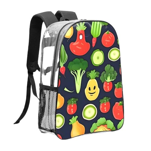 Cartoon Vegetable Fruit Print Work Travel Stadium Events Transparent Backpack PVC Clear Bag Large Side Pockets3