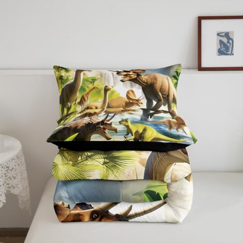 Image of Feelyou Dinosaur Dino Jungle Comforter Set Full Size Boys Girls Bedding | Children Wild Animal 3d Print All Season Breathable Soft Duvet Set Quilt Set Room Decor Microfiber 3Pcs Warm Cozy Lightweight