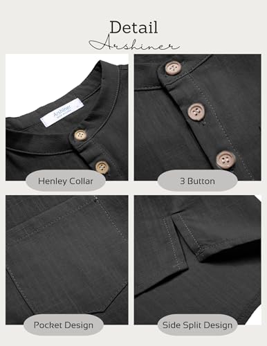 Image of Arshiner Boys Cotton Linen Henley Shirt Button Down Shirt Long Sleeve T Shirt Black Beach Shirt Tee Casual Solid Tops