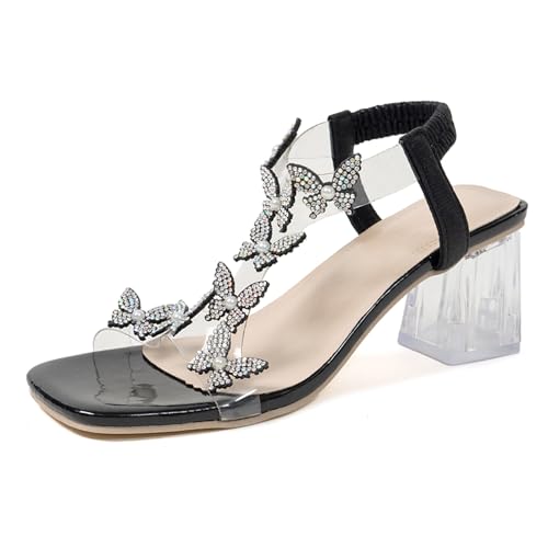 Lymphvity Women's Rhinestone Butterfly Clear Block Heel Sandals Open Toe Elastic Ankle Strap Chunky Heel Dress Shoes Square Toe Heels Party Wedding