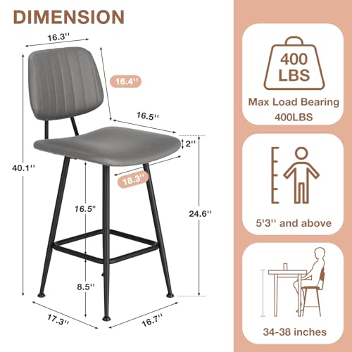 Image of Raynesys 24-Inch Leather Bar Stools with High Backrest, Grey