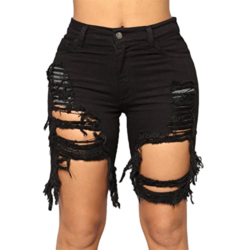JEKE-DG Womens Mid Rise Stretch Ripped Denim Shorts Workout Running Cycling Jeans Shorts Destroyed Raw Hem Shorts Jeans (Medium,Black)
