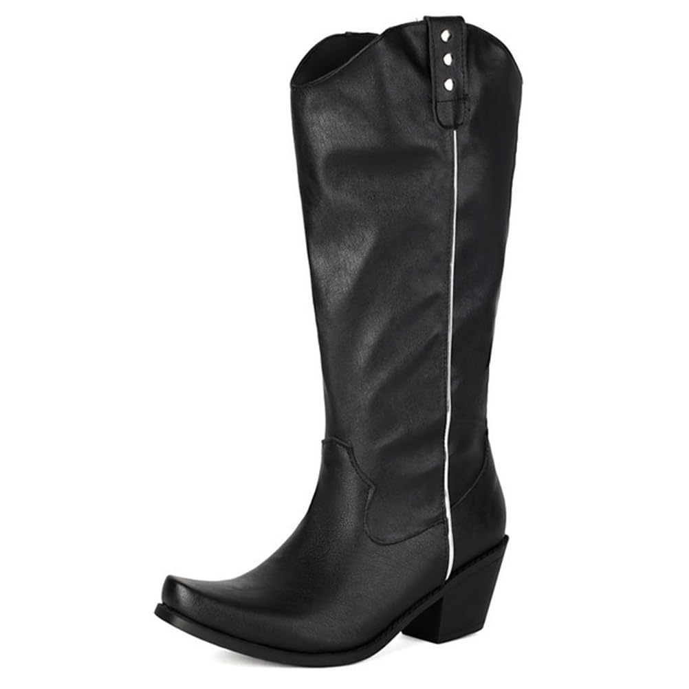 Botas Vaqueras Mujer Cuero Sintético Media Pantorrilla Tachuelas Decorativas Tacón Grueso Estilo Clásico Montar Moda Calle Viaje Diario
