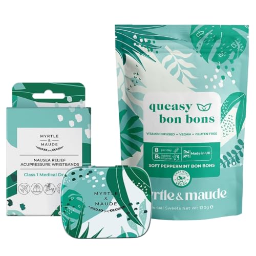 Myrtle & Maude - Instant Nausea & Morning Sickness Relief Bundle - Contains Nausea Relief Acupressure Wristbands And Queasy Days Vitamin B6 Peppermint