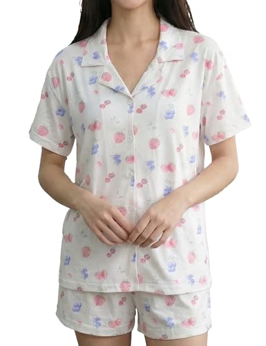 Buxitt Avenue Djerf Pajamas Womens Short Sleeve Pajama Sets Fruit Flower Print Sleepwear 2 Piece Spring Cute Button Up V Neck Pjs Strawberry